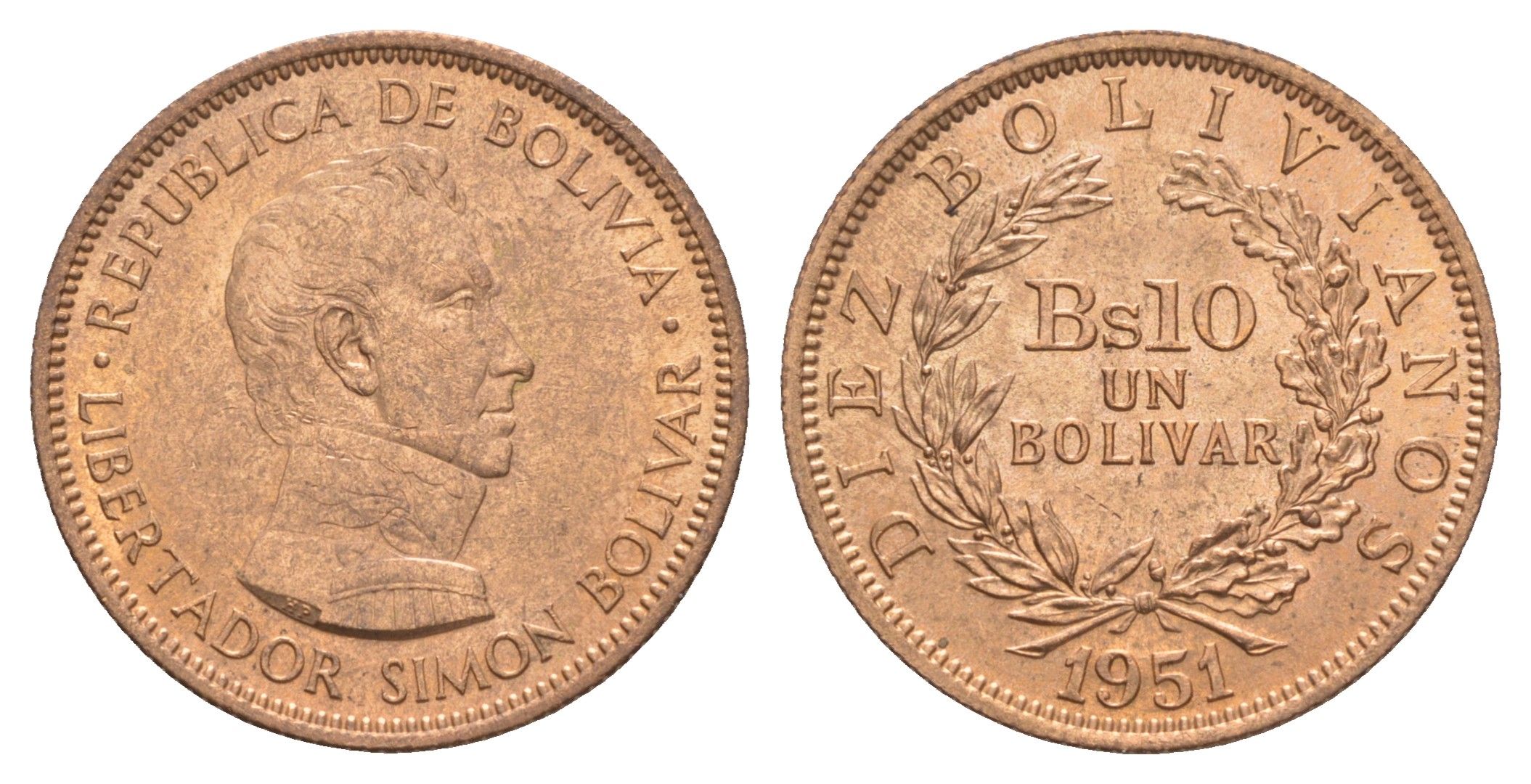 Боливия 10 боливиано 1951 год-тип KM 186 бронза UNC 4654-835