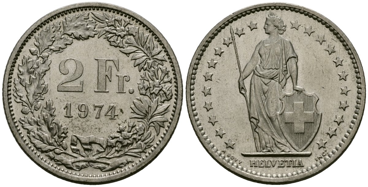 Швейцария 2 франка 1974 KM 21a медно-никель 4120-836