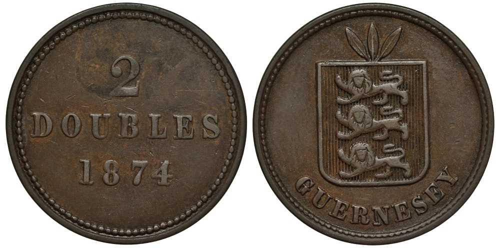 Гернси 2 дабла (дубля) 1874 KM 9 бронза 650-611