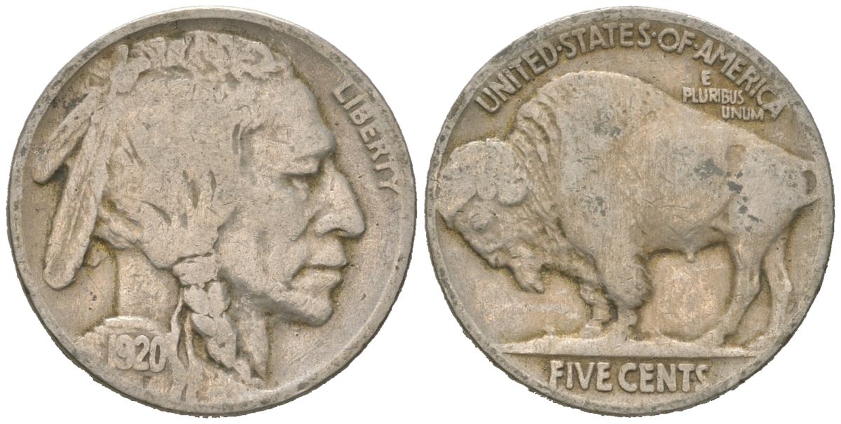 США 5 центов 1920 индеец, бизон KM 134 медно-никель 4614-1043