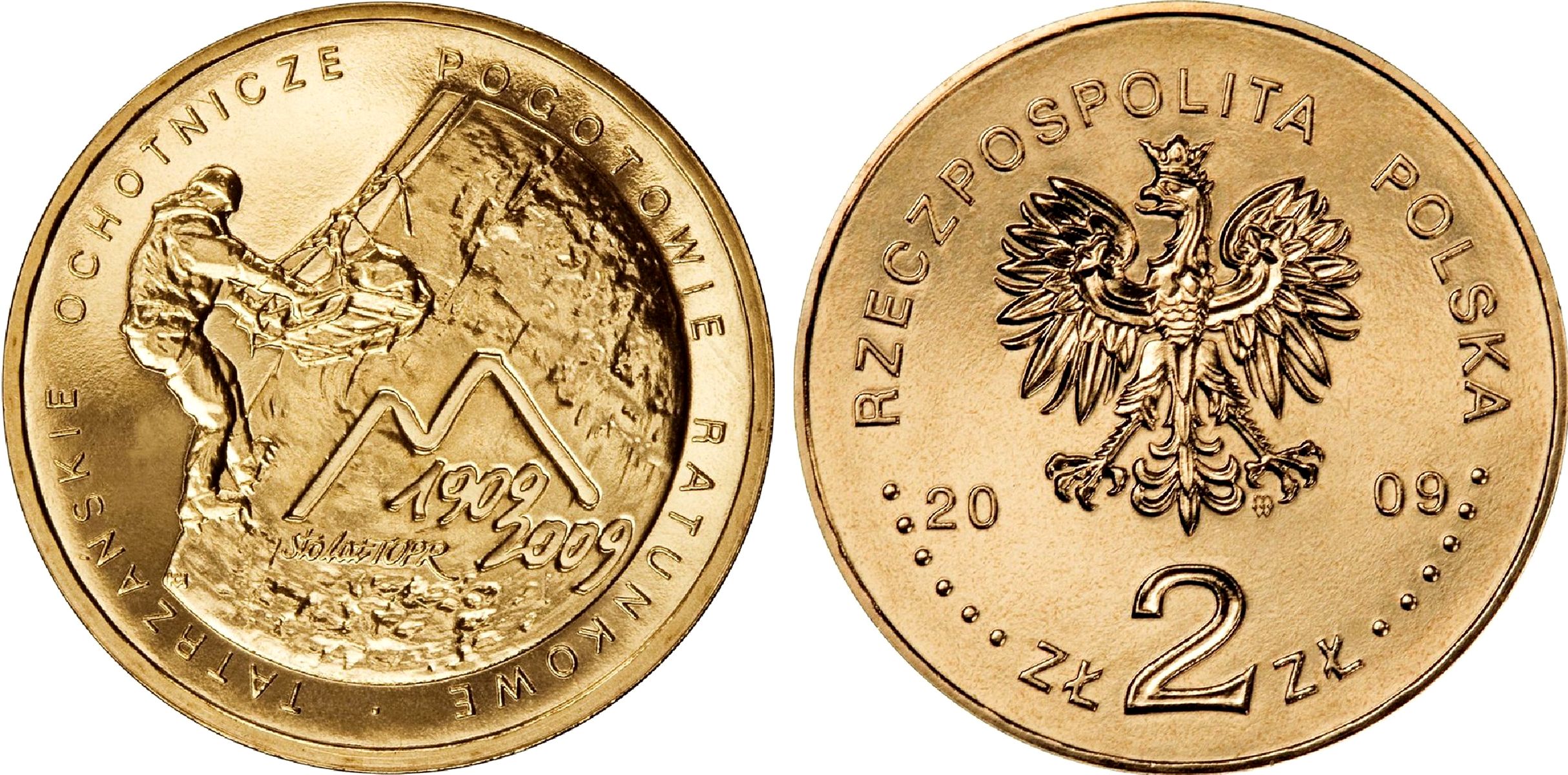 Польша 2 злотых 2009 MW, 100 лет со дня основания Тартовской горноспасательной службы (TOPR) KM 697 нордик UNC 4676-537