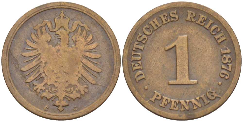 ГЕРМАНИЯ 1 ПФЕННИГ 1876 C, СТАРОГЕРБОВКА KM 1, J. 1, Weege 1 медь 206-1043