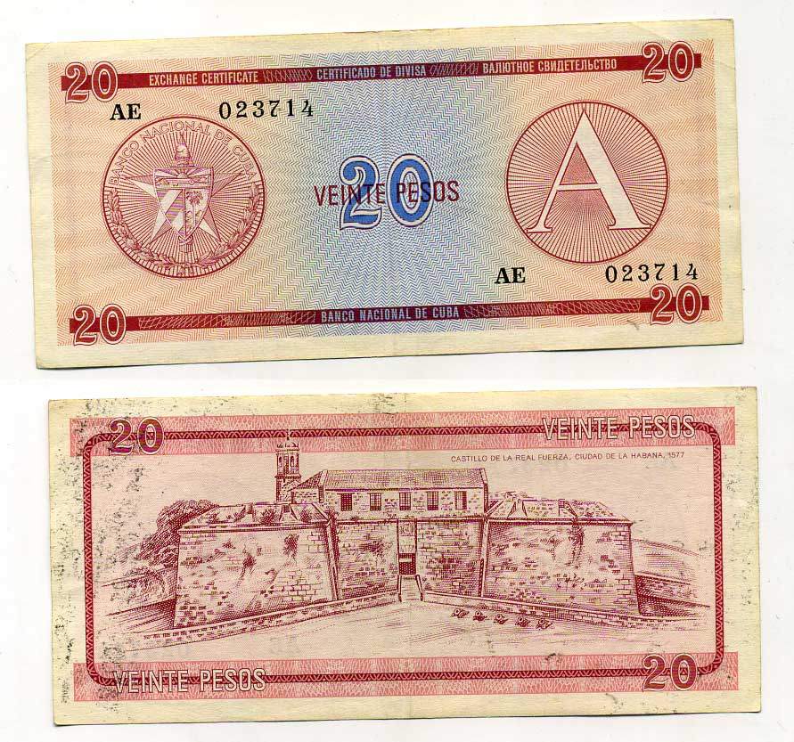 Куба, валютный сертификат 20 песо ND (1985) серия A, красная Pick FX 5 бумага aUNC 8616-42-3-2