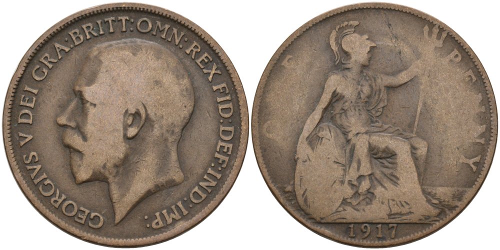 Великобритания 1 пенни 1917 Георг V (1910-1936) KM 810, Spink 4051 бронза 4572-1221