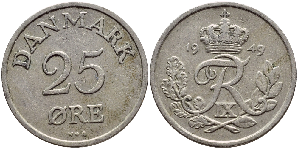 Дания 25 эре 1949 N; S, Фредерик IX (1947-1972) KM 842.1 медно-никель 4398-927