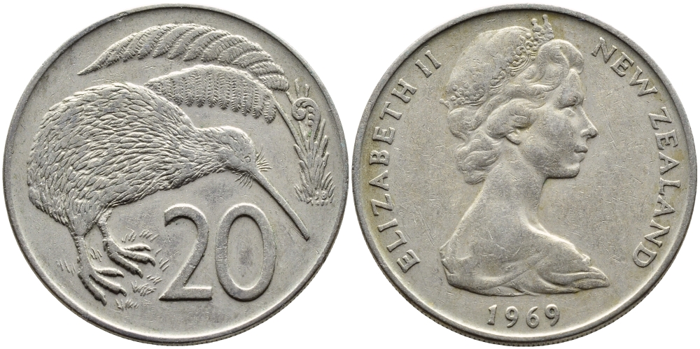 Новая Зеландия 20 центов 1969 Елизавета II (1952-2022), птичка киви KM 36.1 медно-никель 45-722