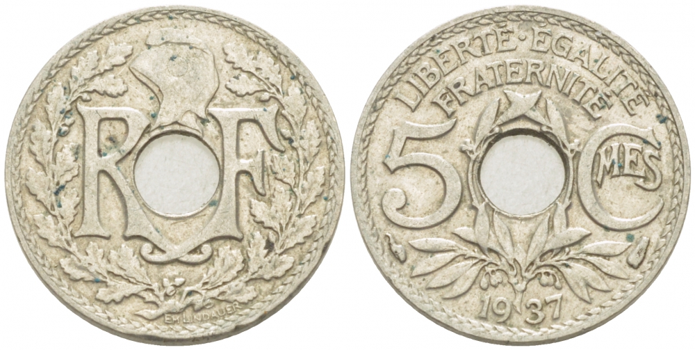 ФРАНЦИЯ 5 САНТИМОВ 1937 ТИП ЛИНДАЙЁ KM 875 медно-никель 3955-314