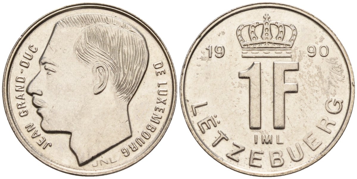 Люксембург 1 франк 1990 Герцог Жан (1964-1999) KM 63 сталь плакированная никелем 4596-846