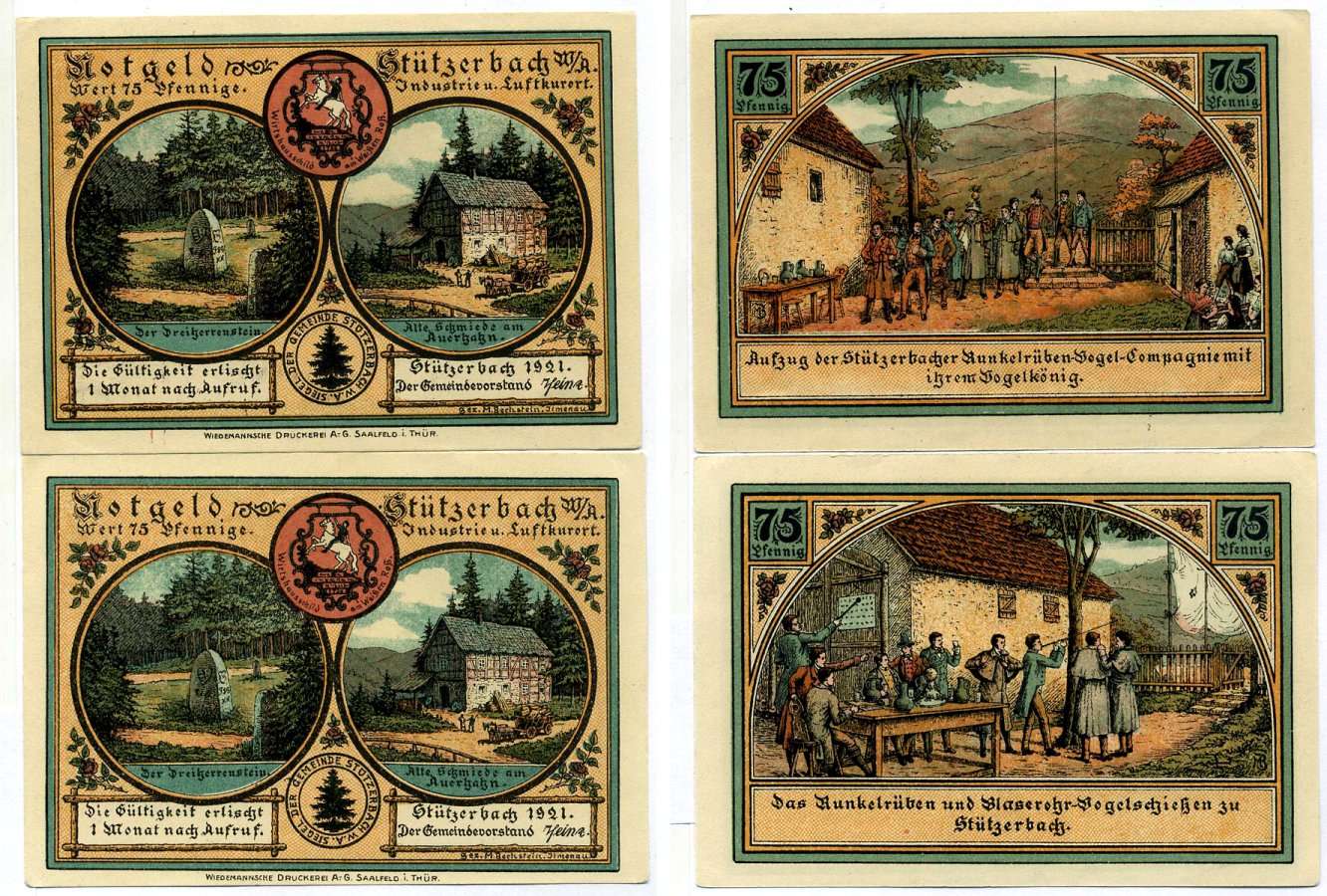 Штютцербах лот из 2 банкнот по 75 пфеннигов 1921 нотгельд (VOGELSCHIESSEN, VOGELKONIG), земля Тюрингия Grabowski 1287.1 бумага 2195-16-3-2