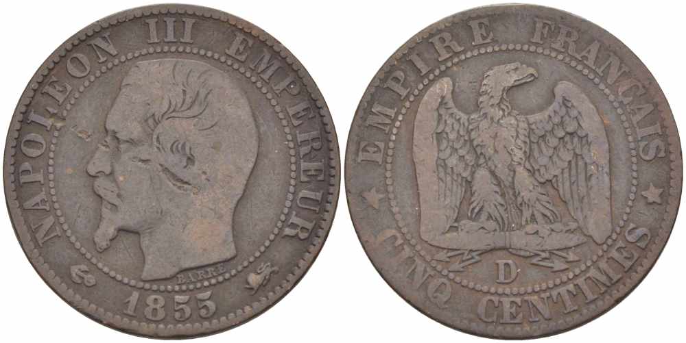 ФРАНЦИЯ 5 САНТИМОВ 1855 D, НАПОЛЕОН III (1852-1870) KM 777.4, LE FRANC 116.23 бронза 108-336