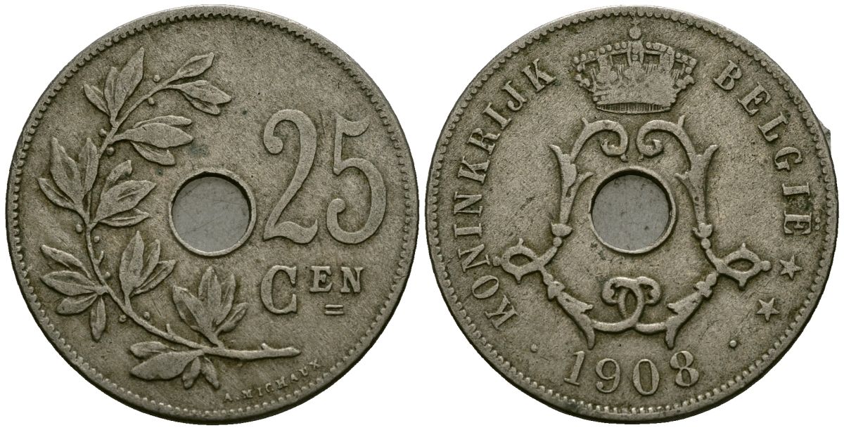 Бельгия 25 сантимов 1908 Belgie KM 63 медно-никель 4165-631