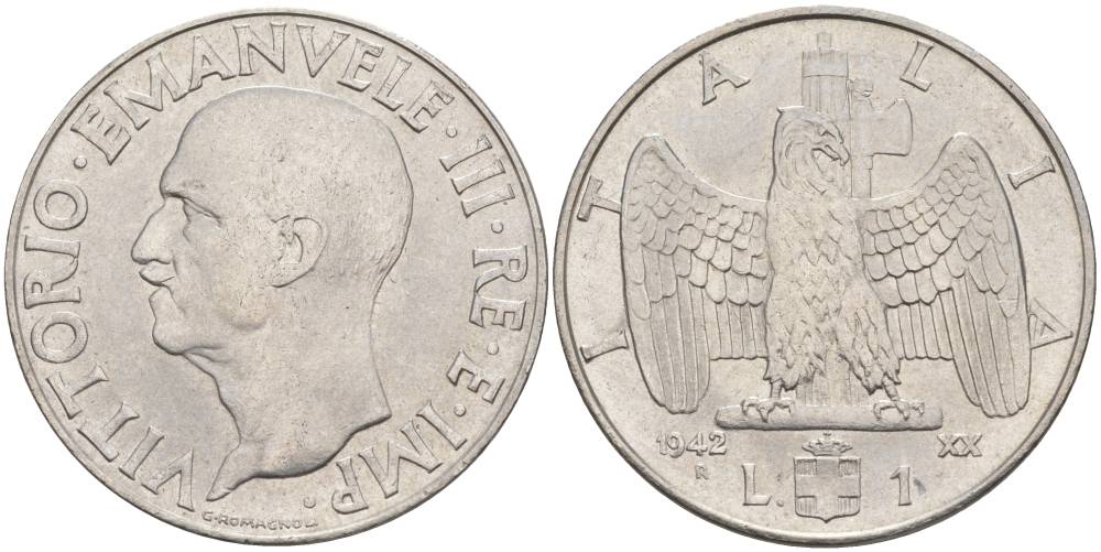 ИТАЛИЯ 1 ЛИРА 1942 R, ГОД XX, ВИКТОР ЭММАНУИЛ III (1900-1946) KM 77b, VEM3. 1102 нержавеющая сталь 3855-434