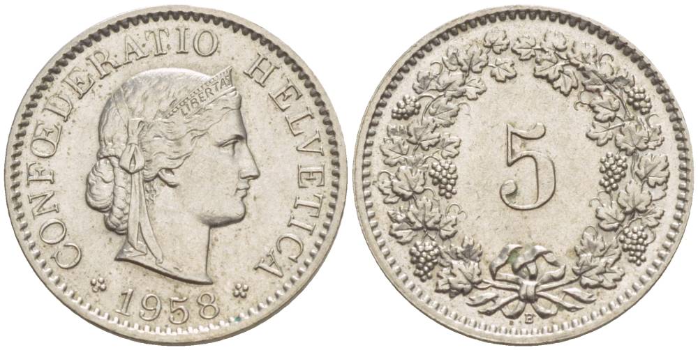 ШВЕЙЦАРИЯ 5 РАППЕНОВ 1958 В KM 26 медно-никель 4532-951