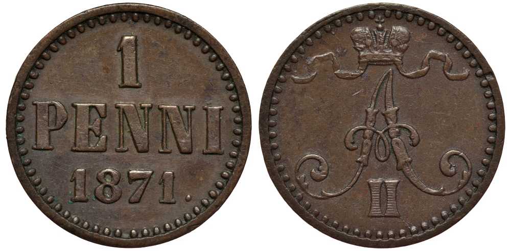 РОССИЯ ДЛЯ ФИНЛЯНДИИ 1 ПЕННИ 1871 АЛЕКСАНДР II Биткин 670 медь 1515-245