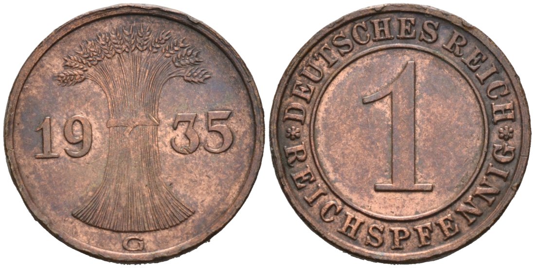 Германия 1 рейхспфенниг 1935 G KM 37, J. 313, Weege 2 бронза 46-817