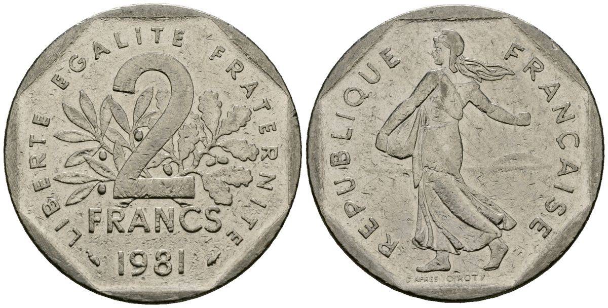 Франция 2 франка 1981 сеятель KM 942.1 никель 4120-424