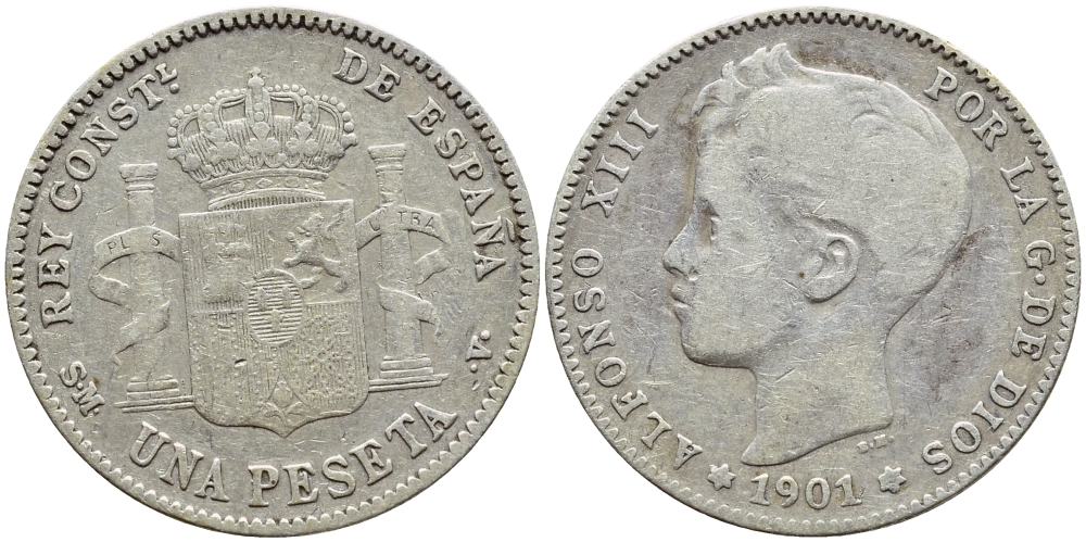 Испания 1 песета 1901 (01) SM-V, АЛЬФОНСО XIII (1886-1931) KM 706 (Y88) серебро 443-545