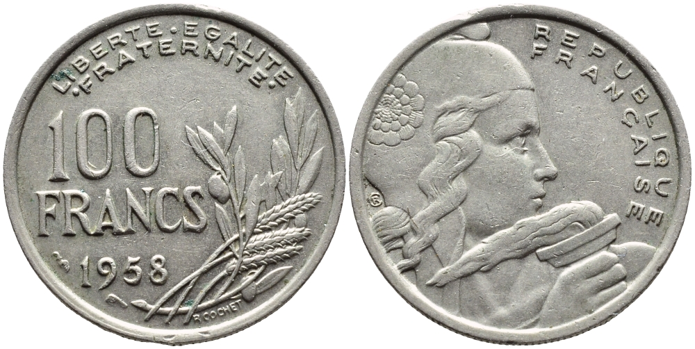 ФРАНЦИЯ 100 ФРАНКОВ 1958 КРЫЛО KM 919.1 медно-никель 4393-1225