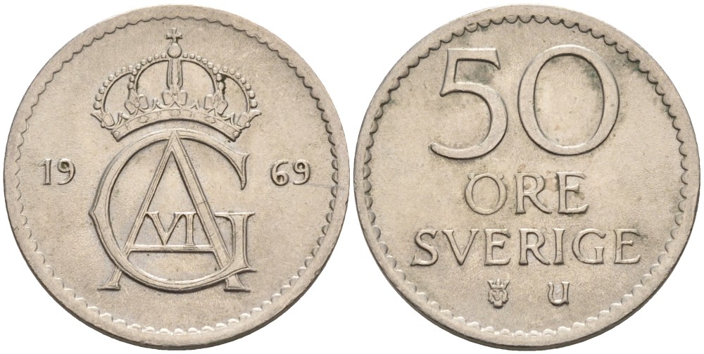 Швеция 50 эре 1969 U, Густав VI Адольф (1950-1973) KM 837 медно-никель 4543-1142