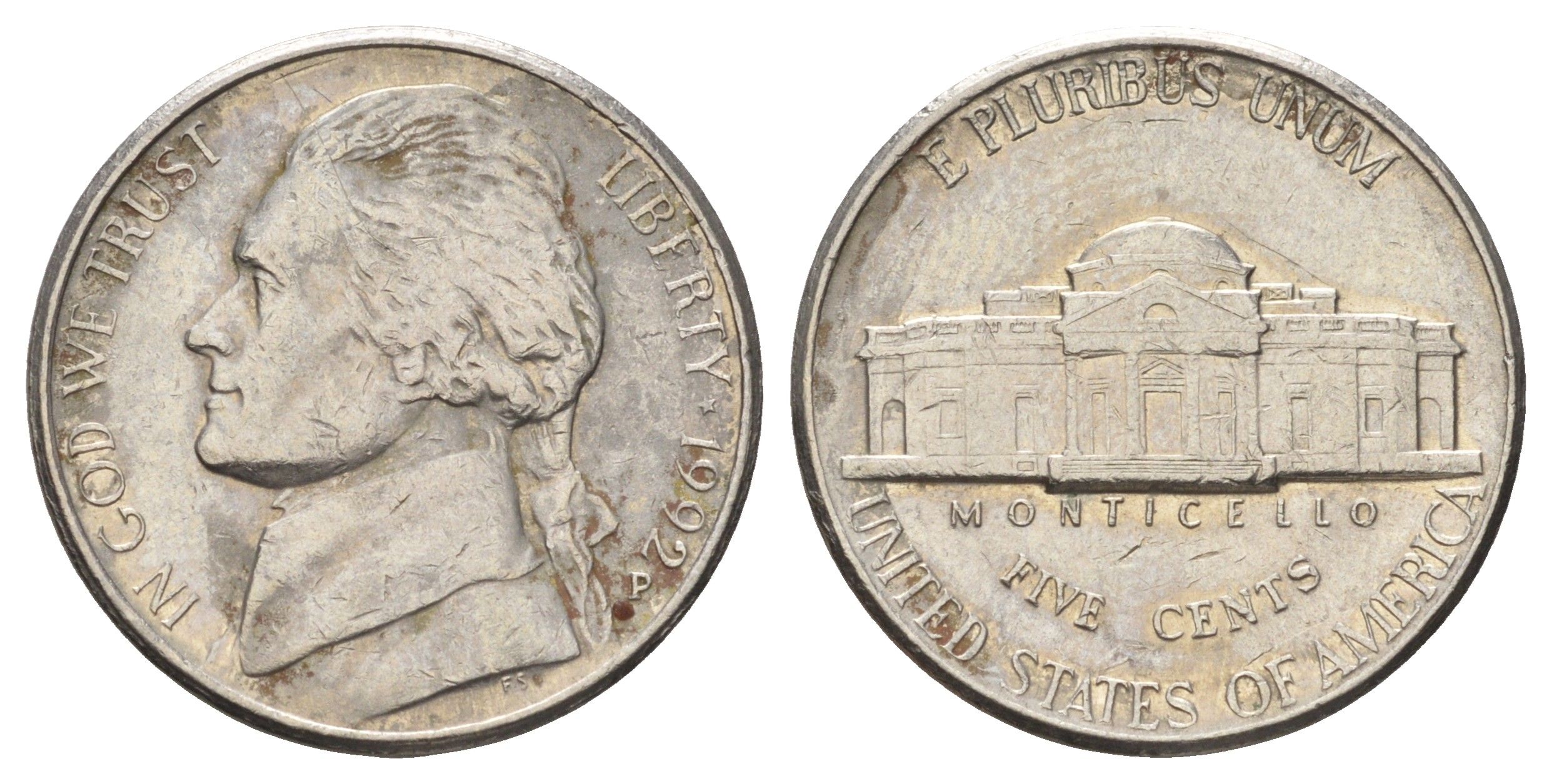 США 5 центов 1992 P, Джефферсон KM A192 медно-никель 4671-1132