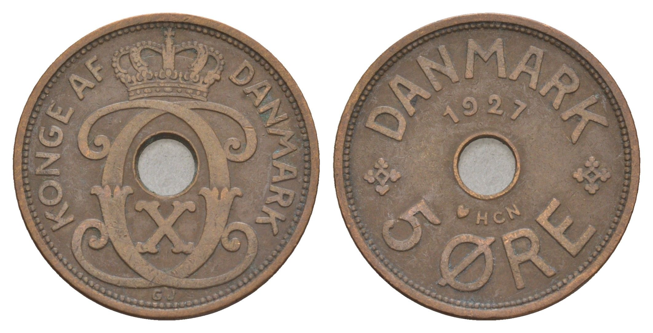 Дания 5 эре 1927 HCN, Кристиан X (1912-1947) KM 828 бронза 4657-225