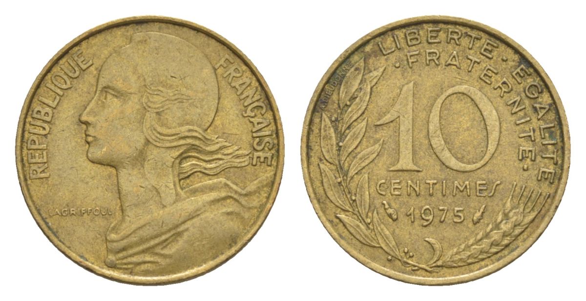 Франция 10 сантимов 1975 тип Morlon KM 929, Le Franc 144.15 алюминиевая бронза 4630-356