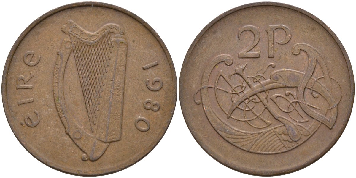 Ирландия 2 пенса 1980 виньетка в виде стилизованной птицы из второй библии Карла II Лысого KM 21 бронза 4144-1012