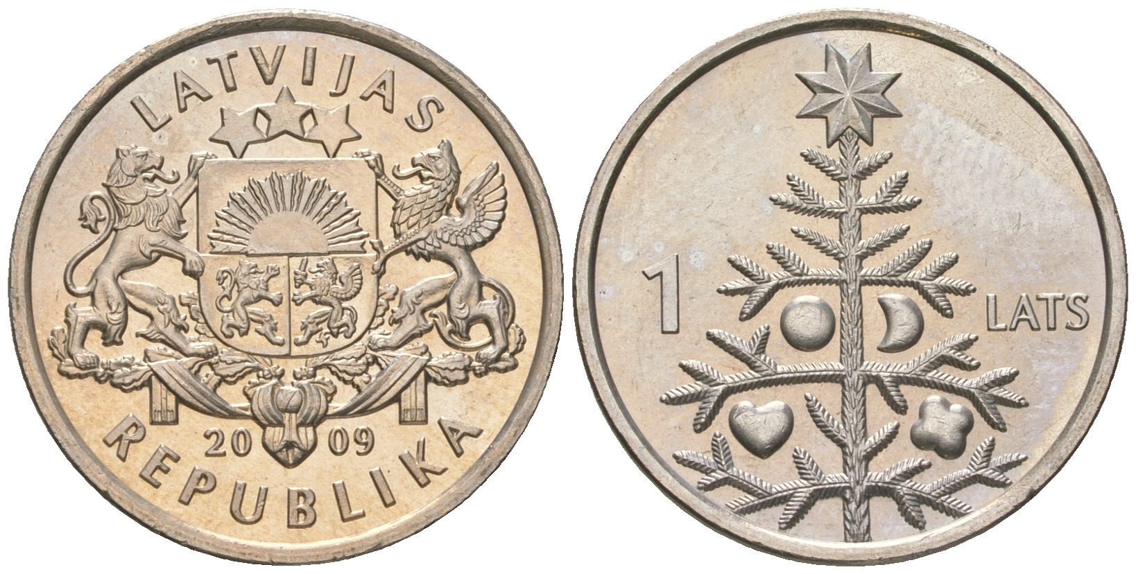 Латвия 1 лат 2009 рождественская ель KM 106 медно-никель UNC 66-541