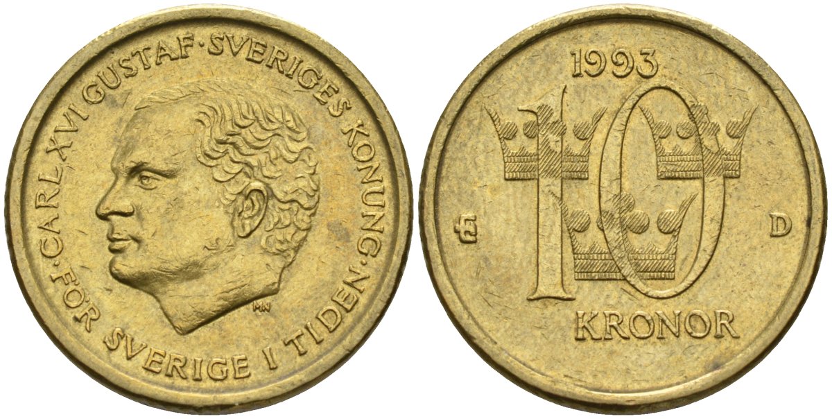 Швеция 10 крон 1993 B, Карл XVI Густав (1973- ) KM 877 медь алюминий цинк 4592-156