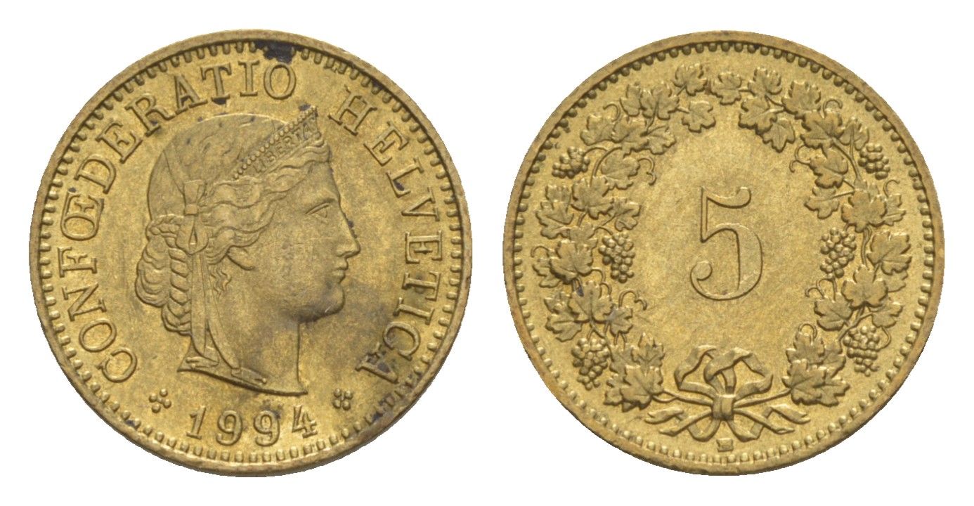 Швейцария 5 раппенов 1994 B KM 26c алюминиевая бронза 4609-413