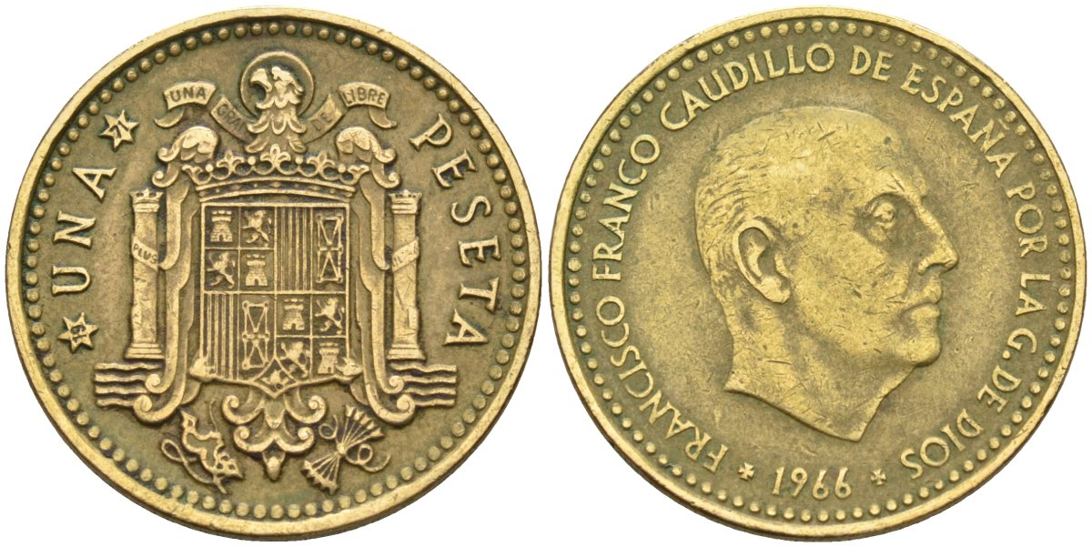 Испания 1 песета 1966 (71) Франсиско Франко (1939-1975) KM 796 алюминиевая бронза 4584-516