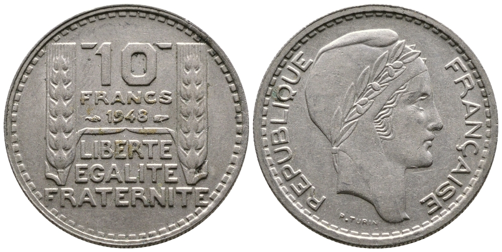 Франция 10 франков 1948 тип Пьер Турин KM 909.1, Le Franc 362.3 медно-никель 51-544