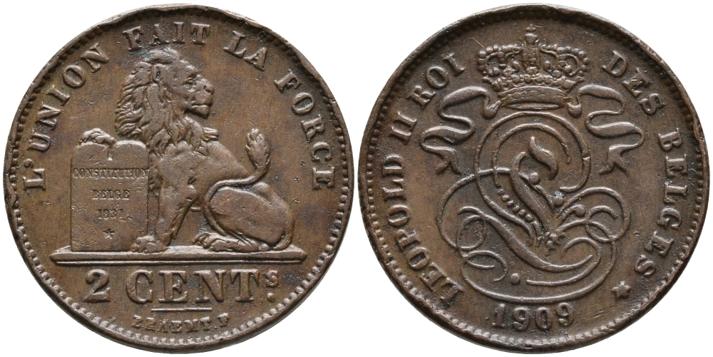 БЕЛЬГИЯ 2 САНТИМА 1909 BELGES KM 35.1 медь 95-722