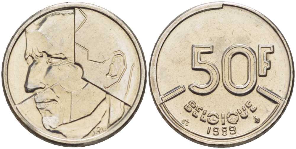 БЕЛЬГИЯ 50 ФРАНКОВ 1989 BELGIQUE, БОДУЭН I (1951-1993) KM 168 никель 4398-1015