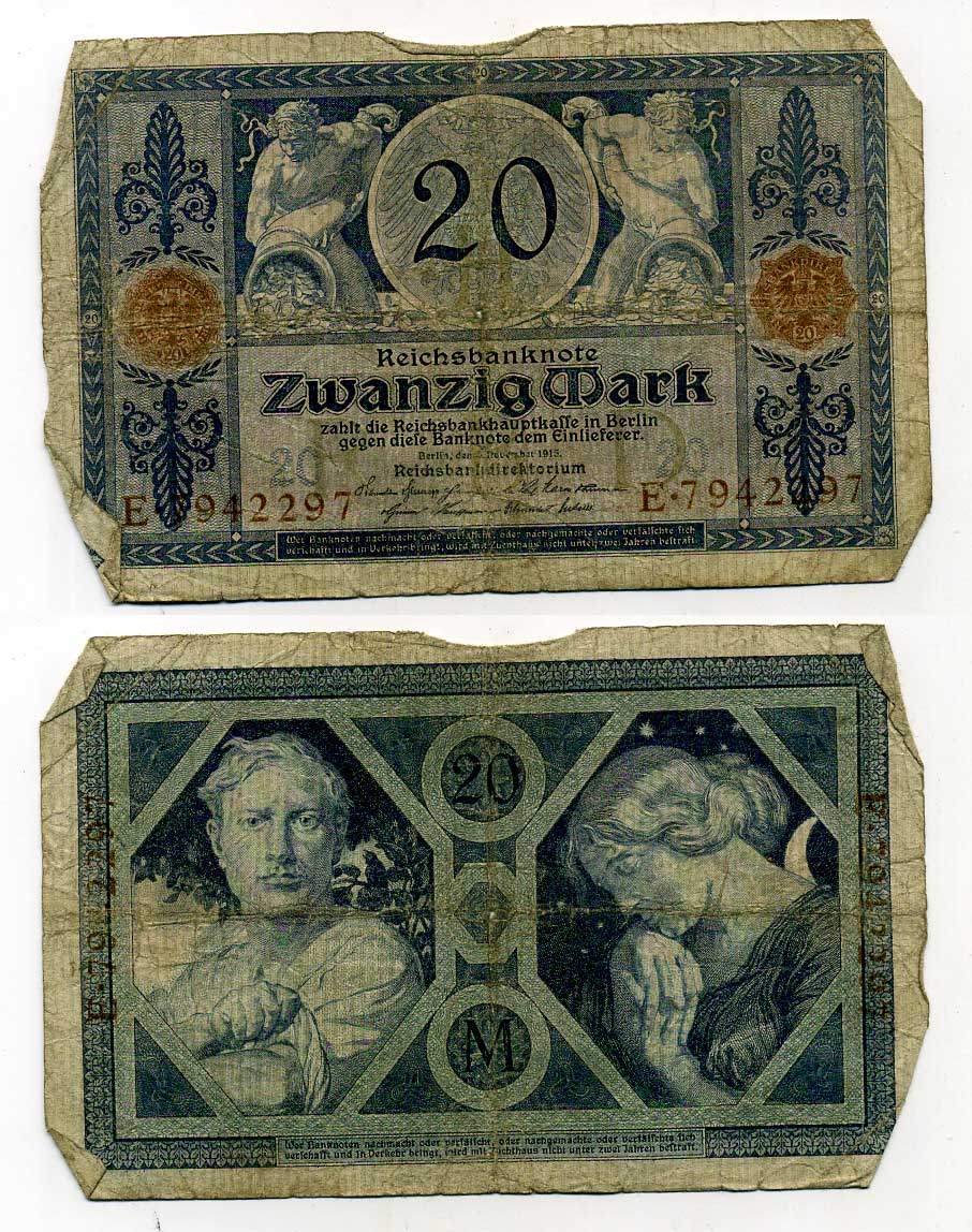 ГЕРМАНИЯ 20 МАРОК 1915 Pick 63 бумага 7146-39-3-1
