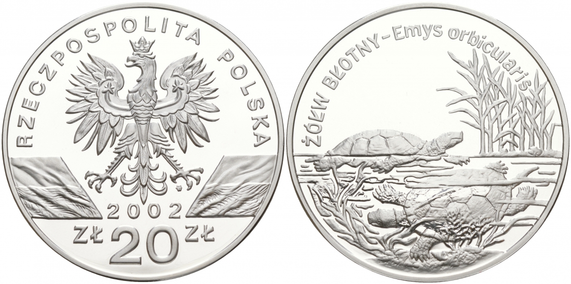 Польша 20 злотых 2002 MW, серия сохраним наш мир, болотные черепахи, тираж 35000 экземпляров  KM 428 серебро PROOF 1091-1-64