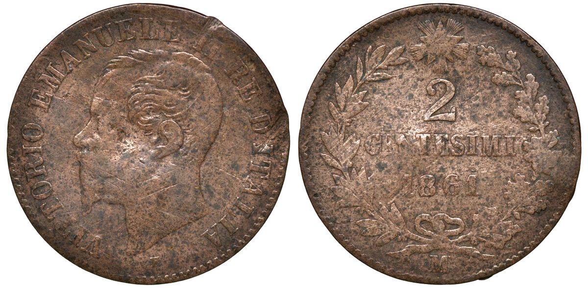 Италия 2 чентезимо 1861 M, Виктор Эммануил II KM 2.1 медь 00-00