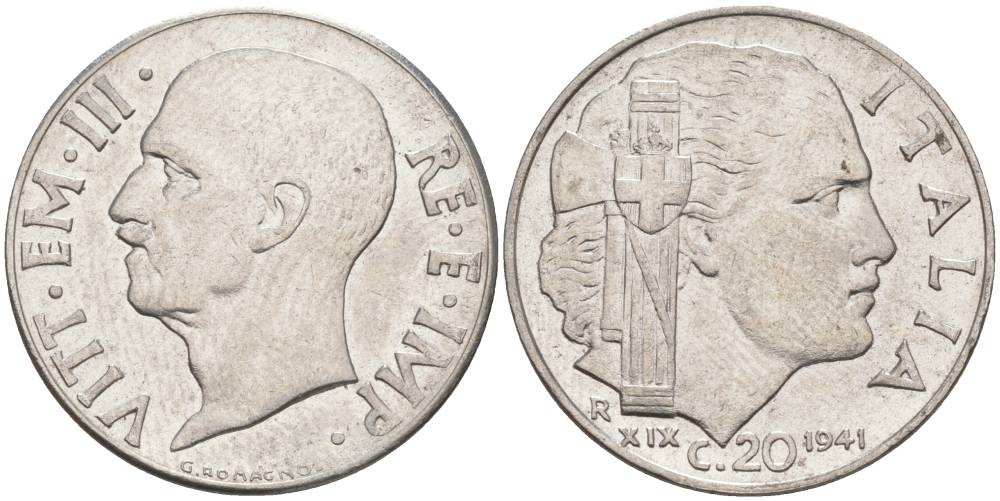 ИТАЛИЯ 20 ЧЕНТЕЗИМО 1941 R, ГОД XIX, ВИКТОР ЭММАНУИЛ III (1900-1946) KM 75b, VEM3. 1028 нержавеющая сталь 3853-711
