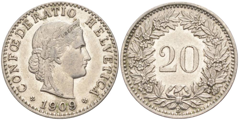 ШВЕЙЦАРИЯ 20 РАППЕНОВ 1909 В KM 29 никель 55-622