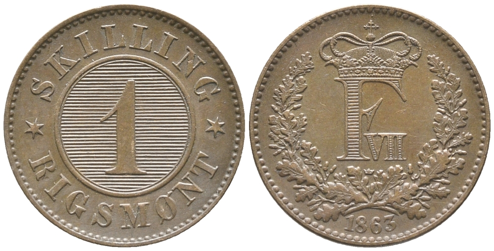 ДАНИЯ 1 СКИЛЛИНГ РИГСМОНТ 1863 ФРЕДЕРИК VII (1848-1863) KM 763 (С135) бронза 34-532