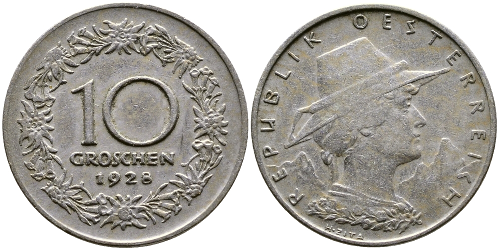 АВСТРИЯ 10 ГРОШЕЙ 1928 KM 2838 медно-никель 46-1217