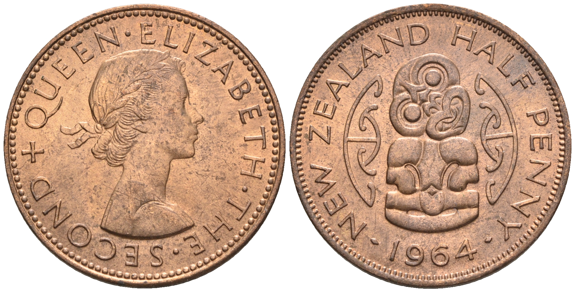 Новая Зеландия 1/2 пенни 1964 Елизавета II (1952-2022), божество Хей-Тики KM 23.2 бронза  aUNC  4176-147