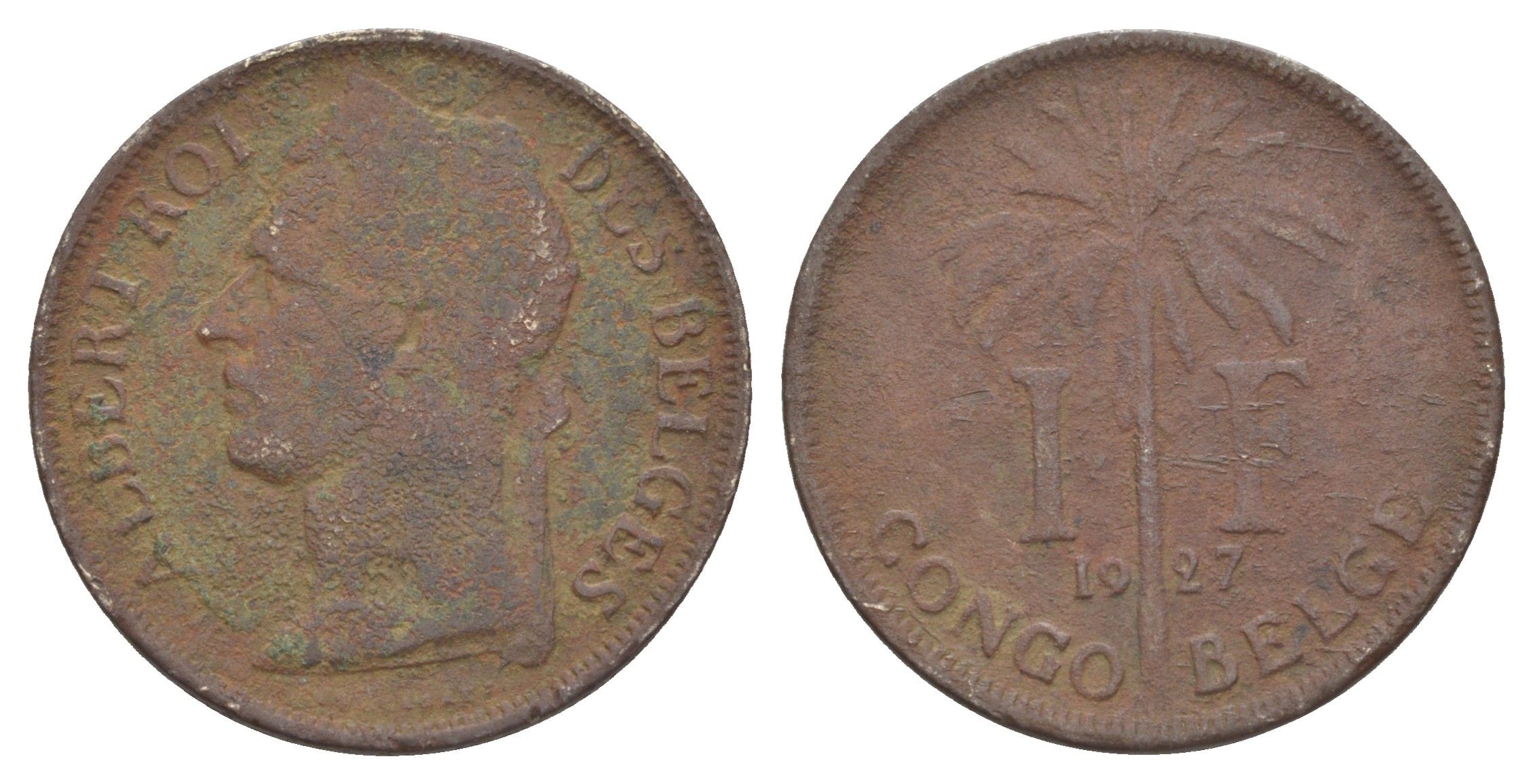 Бельгийское Конго 1 франк 1927 Надпись на французском - 'ALBERT ROI DES BELGES' KM 20 медно-никель 4650-434