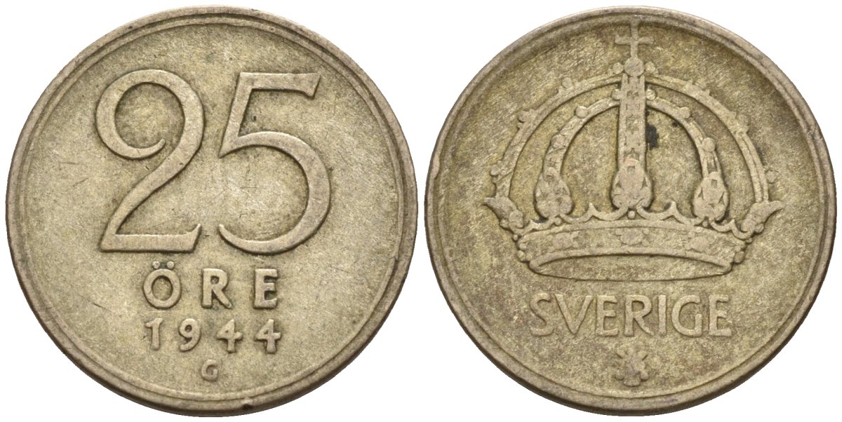 Швеция 25 эре 1944 G, Густав V (1907-1950) KM 816 серебро 4147-952