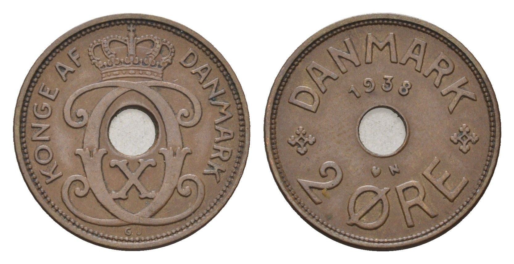 Дания 2 эре 1938 N, Кристиан X (1912-1947) KM 827 бронза 4701-861