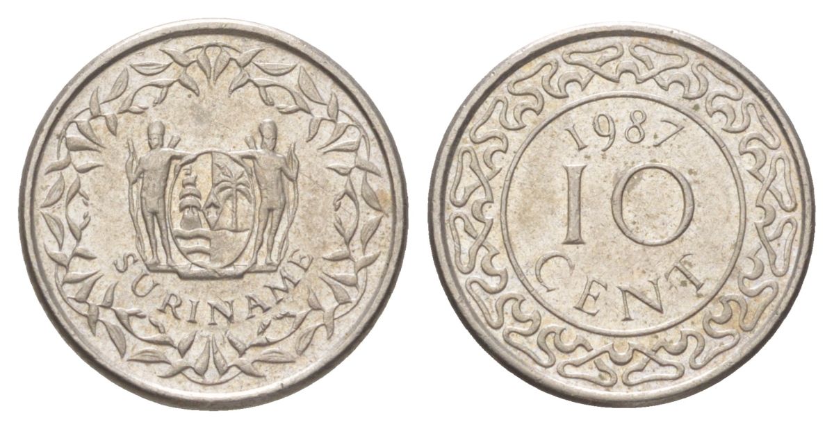 Суринам 10 центов 1987 KM 13a медно-никель UNC 4625-331