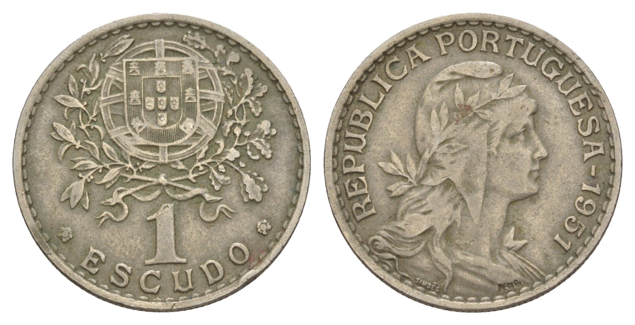Португалия 1 эскудо 1951 KM 578 никель латунь 4654-254