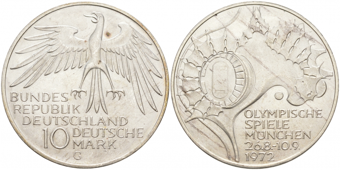 ФРГ 10 МАРОК 1972 G, ОЛИМПИАДА, СТАДИОН KM 133, J.404 серебро UNC 69-924
