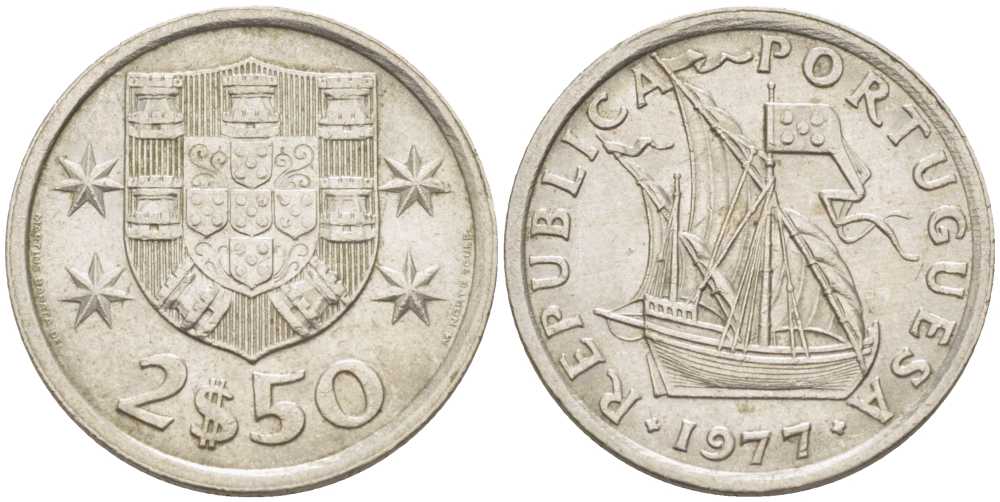 ПОРТУГАЛИЯ 2,5 ЭСКУДО 1977 ПАРУСНИК KM 590 медно-никель 213-242