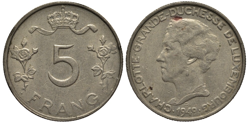 Люксембург 5 франков 1949 Великая герцогиня Шарлотта (1919-1964) KM 50 медно-никель 4536-523